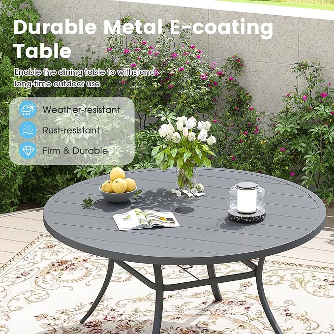 9 Pieces Outdoor Patio Dining Table Set, 63" All Weather Round Metal Table with Umbrella Hole and 8 High Back Textilene Swivel Chairs for Garden, Lawn, Poolside, Grey
