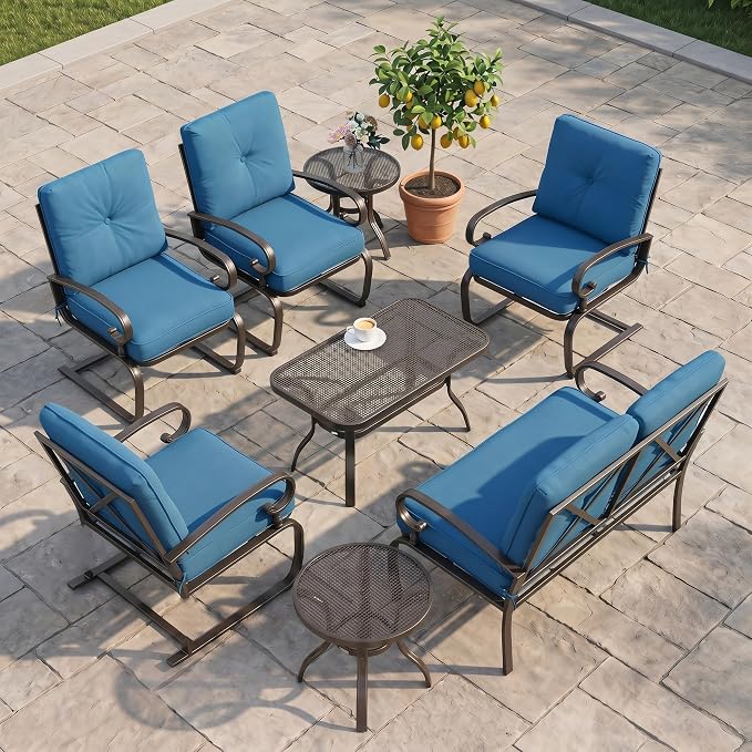 Incbruce 7 Pcs(6 Seats) Wrought Iron Patio Conversation Sets (1 Loveseat, 2 Table, 2 Spring Chair, 2 Dining Chairs), Outdoor Metal Furniture Sets with Peacock Blue Cushion