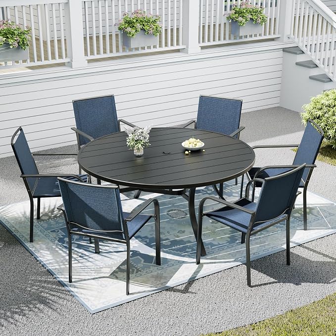 Patio Table and Chairs Set for 6 Person,54" Round Steel Slat Outdoor Table with 6PCS Breathable Textilene Stackable Chairs for Deck/Backyard/Poolside/Garden