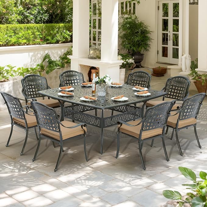 9-Piece Patio Cast Aluminum Dining Set, Outdoor Table and Chairs Set for 8, Includes 64" Large Square Dining Table and 8 Cushioned Chairs with Umbrella Hole for Backyard Lawn Garden, Tan