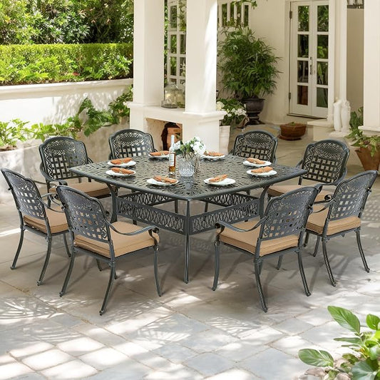 9-Piece Patio Cast Aluminum Dining Set, Outdoor Table and Chairs Set for 8, Includes 64" Large Square Dining Table and 8 Cushioned Chairs with Umbrella Hole for Backyard Lawn Garden, Tan