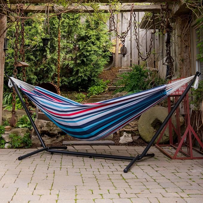 Vivere Double Cotton Hammock with Space Saving Steel Stand, Upgraded Polyester End Strings 450 lb Capacity - Premium Carry Bag Included - USA Grown Cotton (Denim)