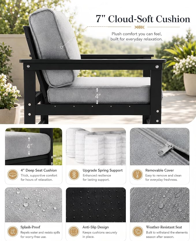 HDPE Outdoor Loveseat Patio Furniture Set with Cushions, 3 Piece Patio Conversation Set Sofa Set,All Weather Outdoor Couch Set with Coffee Table for Lawn, Garden, Deck