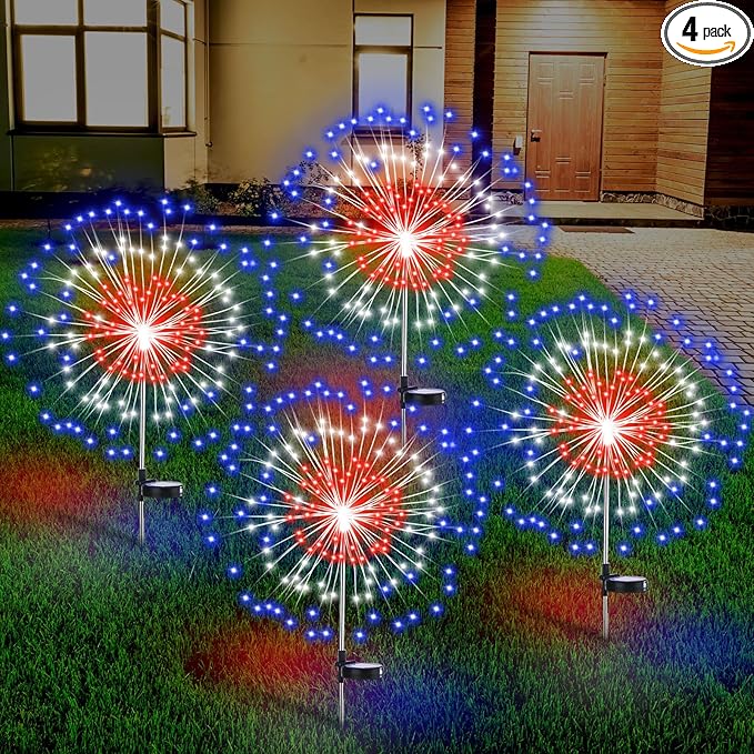 Tujoe Halloween Decoration Outdoor 4 Pack Solar Firework Light with 180 LED Halloween Solar Lights 8 Lighting Modes for Yard Garden Pathway Party Decoration(Red, White, Blue)