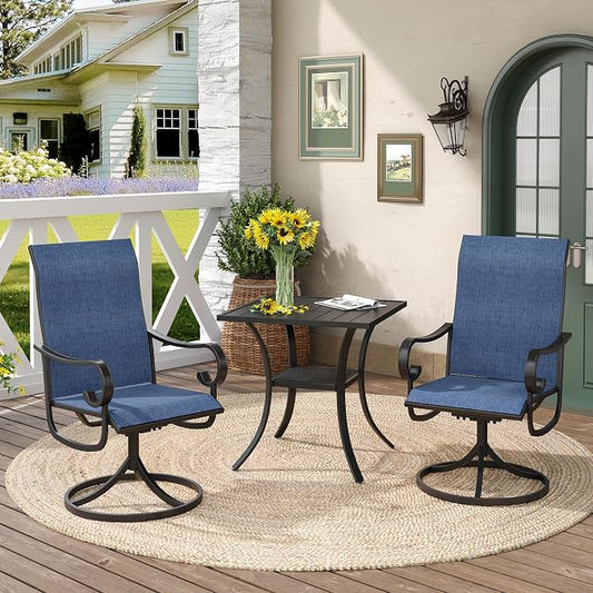 DIFY 3 Pieces Outdoor Patio Dining Set for 2, 27.6" Small Black Square Metal Dining Table and 2 Blue Swivel Patio Dining Chairs, Outdoor Table and Chairs for Backyard Porch Poolside