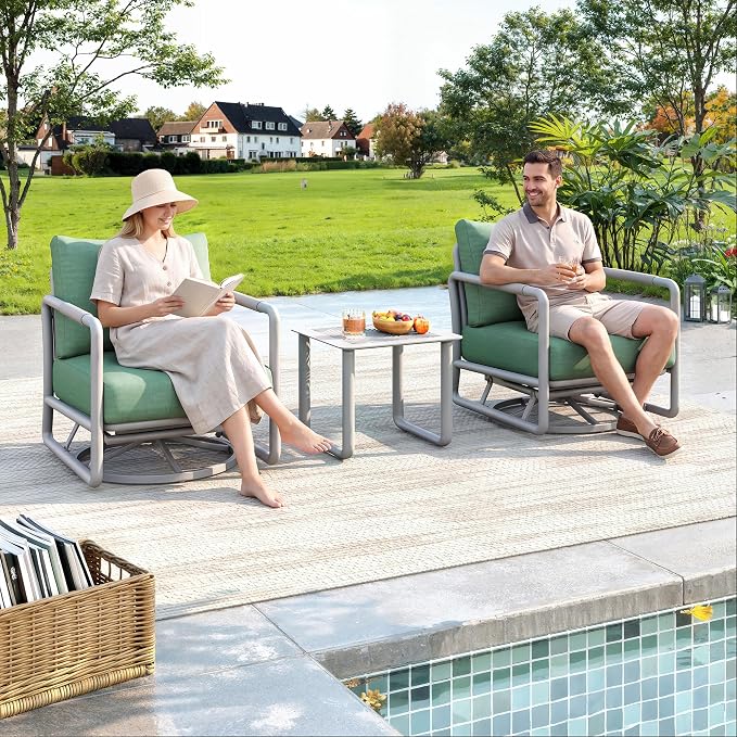3-Piece Aluminum Outdoor Swivel Rocker Chair Set, 360° Swivel Rocking Seats with 6.5" Thick Cushions, 24" Wide Seat 380LBS Capacity & Side Table for Porch, Deck