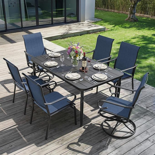 NUU GARDEN 7-Piece All-Weather Outdoor Dining Set with Umbrella Hole, Wood-Grain Table & 6 Patio Textilene Swivel Chairs Patio Outdoor Furniture for Porch, Backyard, Garden, Poolside and Deck