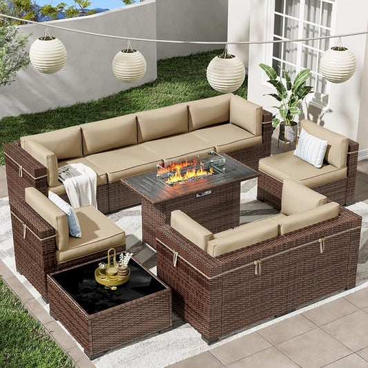 Patio Furniture Set with 44'' Propane Gas Firepit Table, 10 PCS Modular Outdoor Sectional Conversation Sets, All-Weather Wicker Patio Set for Backyard, Beige (Waterproof Covers Included)