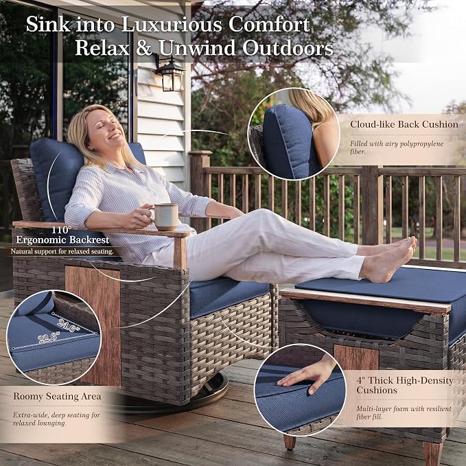 NestNook 6 Pieces Patio Furniture Set, Outdoor All-Weather Handwoven PE Wicker Swivel Chairs, Conversation Set with Coffee Table, Sofa with Thick Cushion & Ottoman for Backyard, Deck & Poolside, Blue