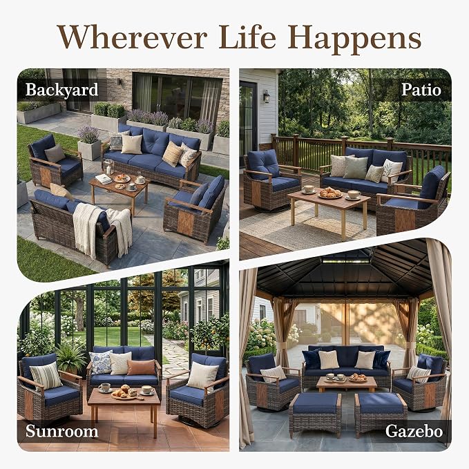 NestNook 4 Pieces Patio Furniture Set, Outdoor Conversation Set with All-Weather Handwoven PE Wicker Sofa, Rattan Chairs and Thick Cushion, Loveseat & Coffee Table for Backyard, Deck & Poolside, Blue
