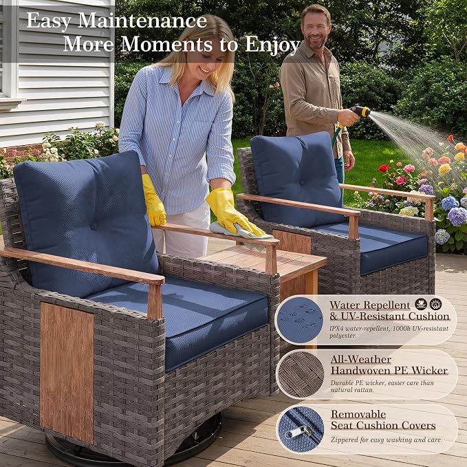 NestNook 4 Pieces Patio Furniture Set, Outdoor All-Weather Handwoven PE Wicker Swivel Chairs, Conversation Set with Coffee Table, Loveseat & Thick Cushion for Backyard, Deck & Poolside, Blue
