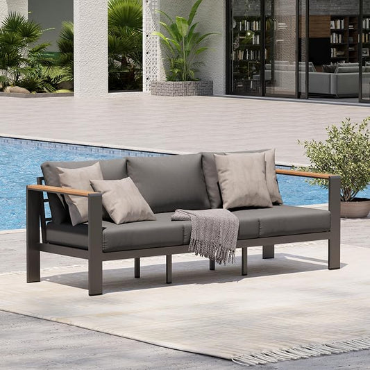 Aluminum Outdoor Patio Furniture, 3 Seats All-Weather Outdoor Patio Sofa with Washable Thick Cushion, Patio Sofa Couch for Porch, Balcony, Deck, Yard, Graphite