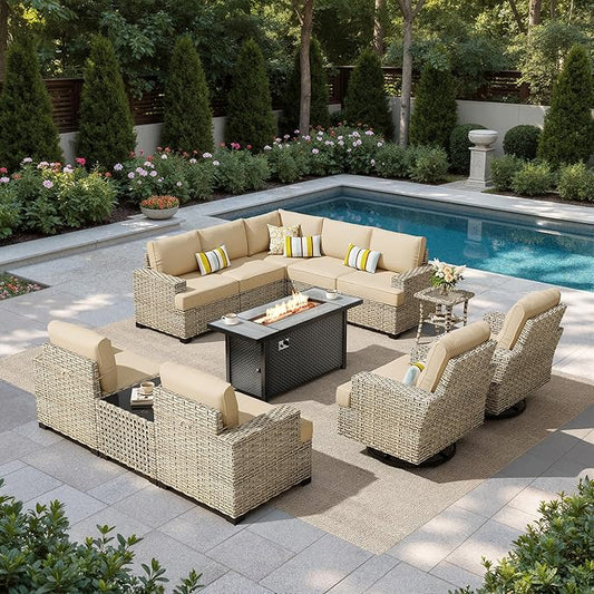 HOOOWOOO Sectional Patio Furniture Set with Fire Pit Table,12 Pieces Wicker Outdoor Furniture L Shaped Couch,Outside Conversation Set Extra Deep Sofa Wide Arm Swivel Chairs Solar Light,Beige