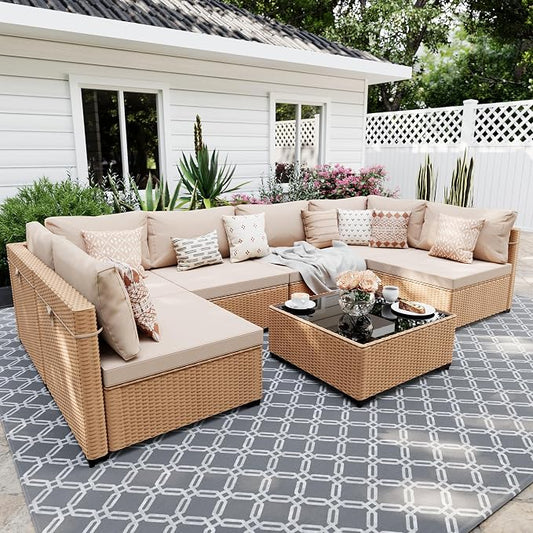 UPHA 7 Pieces Patio Furniture Sets, Wicker Outdoor Sectional Sofa Couch with Coffee Table, Patio Conversation Set for Deck Backyard Garden, Beige Rattan, Beige Cushion