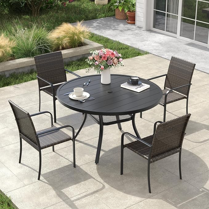 VICLLAX 5 Pieces Patio Dining Set, 4 Stakable Wicker Outdoor Chairs and 40.6" Patio Round Metal Table with Umbrella Hole for Backyard Lawn Deck, Black Tabletop