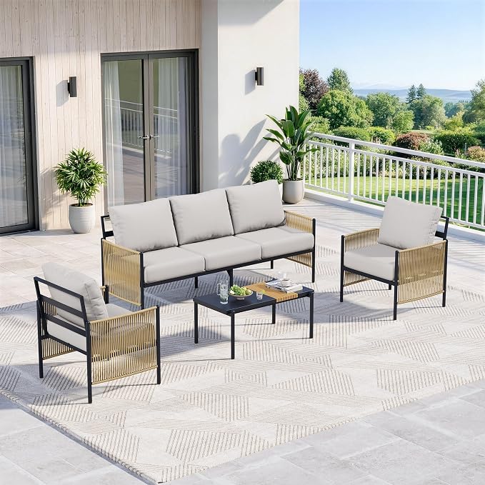Aluminum Outdoor Patio Furniture Set, 5 Seats Outdoor Sectional with Coffee Table, Patio Conversation Sets with Washable Thick Cushions and Waterproof Cover for Backyard/Garden /Poolside, Silver Gray