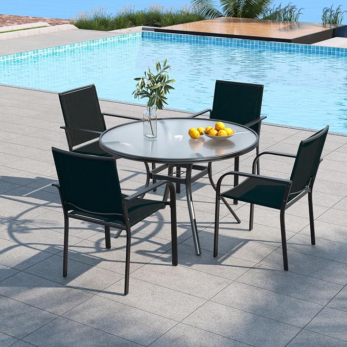 5 Piece Outdoor Patio Dining Set with 40" Round Glass Table, Black Chairs | 4 Piece Stackable Chairs Textilene Seat and Back, Table and Chair with Metal Frame, Round Glass Table Top, 1.7" Umbrella Hole