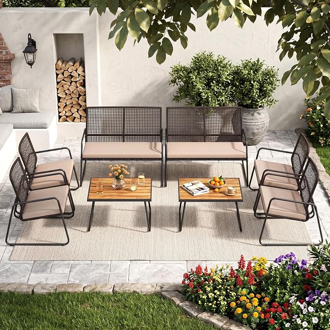 Tangkula 4 Pieces Patio Furniture Set, PE Wicker Rattan Conversation Set with Acacia Wood Coffee Table & Zippered Cushions, Outside Seating Set for Backyard, Garden & Deck (Beige, 4 Pcs)