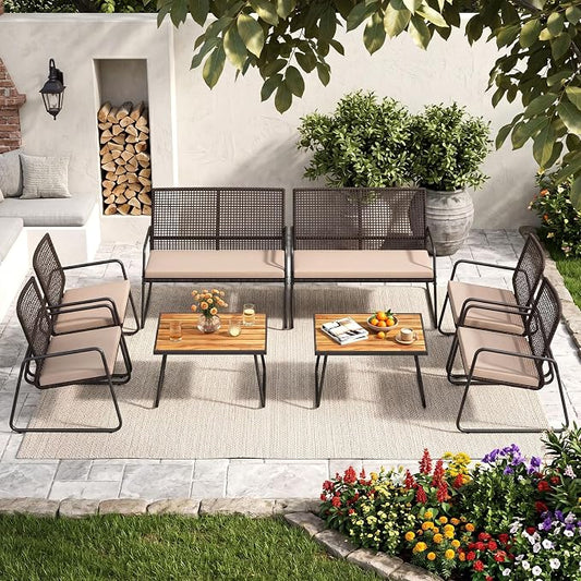 Tangkula 8 Pieces Patio Furniture Set, PE Wicker Rattan Conversation Set with Acacia Wood Coffee Table & Zippered Cushions, Outside Seating Set for Backyard, Garden & Deck (Beige, 8 Pcs)
