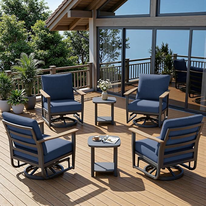 6-Piece Patio Rocking Swivel Chair Outdoor Aluminum Bistro Set with Coffee Table, Outdoor Patio Furniture Set with High Backrest & Thickened Cushions for Garden, Deck and Balcony, Navy Blue