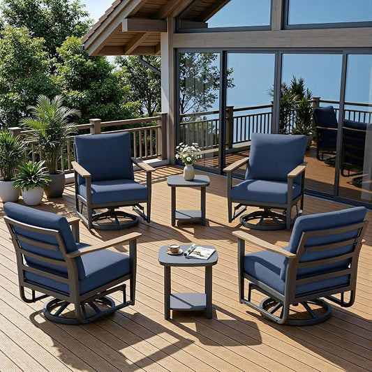 6-Piece Patio Rocking Swivel Chair Outdoor Aluminum Bistro Set with Coffee Table, Outdoor Patio Furniture Set with High Backrest & Thickened Cushions for Garden, Deck and Balcony, Navy Blue