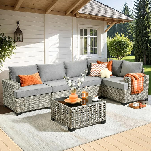 WEAXTY 6 Pieces Patio Furniture Set, Outdoor Sectional Sofa Couch with Solar Coffee Table, All-Weather Outside Furniture Patio Conversation Sets for Backyard Porch Balcony (Dark Gray)