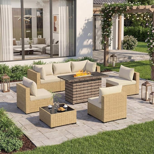 UDPATIO Patio Furniture Set with Fire Pit Table, 8 Piece Sectional Sofas All-Weather Wicker Conversation for Garden, Backyard, Beige
