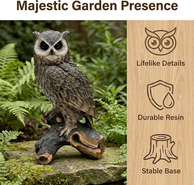 18.98" Hand-Painted Resin Owl Garden Statue | Lifelike Woodland Animal Figurine, Durable Yard Sculpture, Branch Base, Outdoor Patio, Lawn & Nature Decor