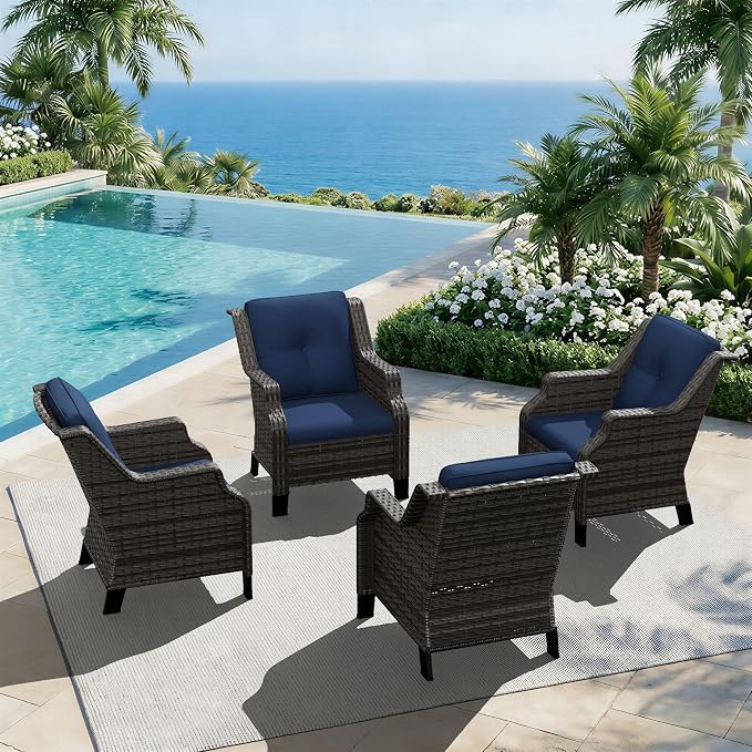 Outdoor Patio Chairs Set of 4, Wicker Patio Furniture with Thick Cushions, Curved Armrest, Deep Seating, Rattan Outdoor Chairs for Porch, Deck, Balcony