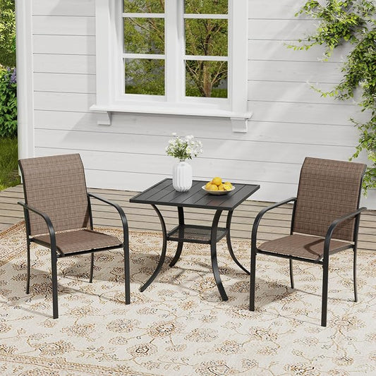 VICLLAX Outdoor Dining Set for 2, Small Patio Table and Chairs Set of Stackable Patio Sling Chairs and Square Dining Table for Front Porch, Brown Fabric and Black Table
