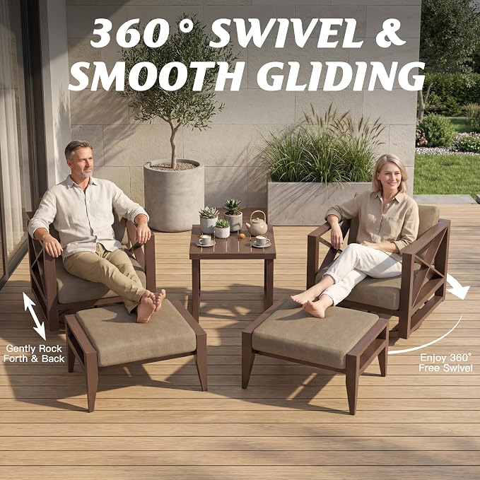 5-Pieces Square Aluminum Patio Furniture Set, Outdoor Swivel Rocking Chairs with 5.2" Thick Cushions & 2 Ottomans, All-Weather Rust-Resistant Frame Conversation Set for Porch, Garden, Backyard, Brown