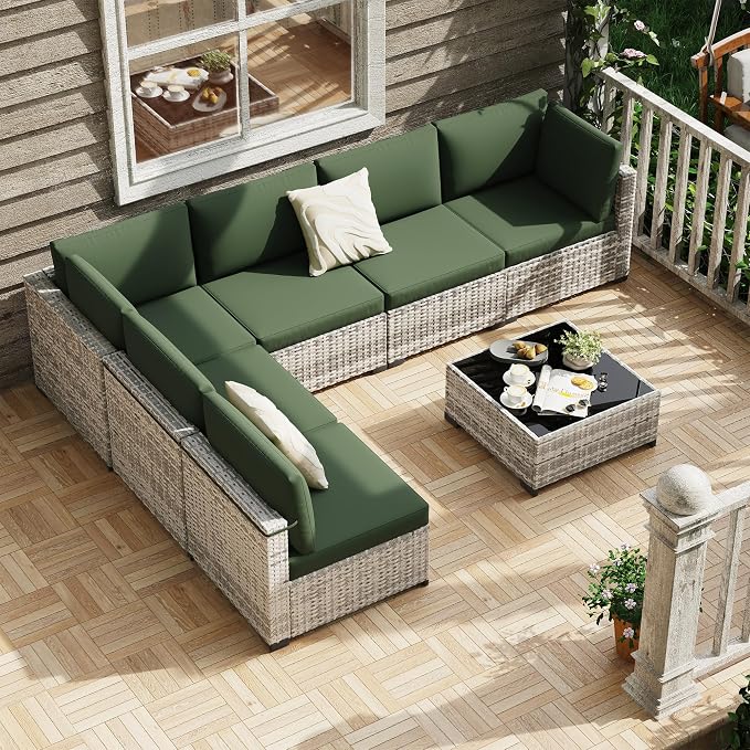 KIGOTY Patio Furniture Set,7 Pieces Modular Outdoor Sectional Sofa, PE Rattan Patio Conversation Set, All Weather Wicker Patio Furniture with Cushions and Coffee Table（Grey White/Green）
