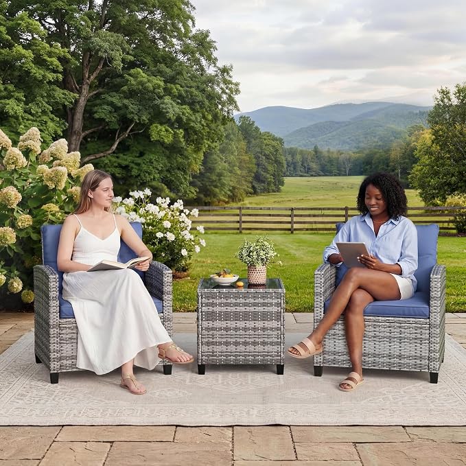 3 Piece Wicker Patio Furniture Set, Outdoor Rattan Chairs with Side Table, All-Weather Conversation Set with Cushions for Balcony, Porch, Backyard, Grey & Blue