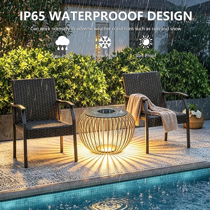 LED Outdoor Side Table, 26 Inch Large Hollow Metal Garden End Table, Top Solar Panel for Solar Charging, Bottom Glowing LED Light, Heavy Duty 2-in-1 Stool for Courtyard Backyard Villa
