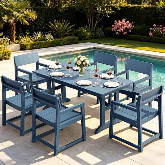 JAMFLY 7 Piece Outdoor Dining Set, All Weather Patio Table and Chairs for Backyard Garden Deck Lawn Pool, Sturdy All Weather Outdoor Furniture Set with Umbrella Hole, Blue