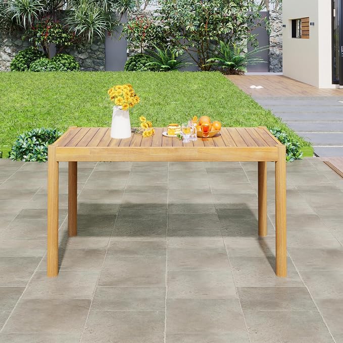 Christopher Knight Home Flemis Patio Rectangular Acacia Wood Dining Table, Slat Panel Design, for 4-6 People, Outdoor Table for Dining Set, Non-Slip Foot Pads, Garden and Balcony, Light Teak