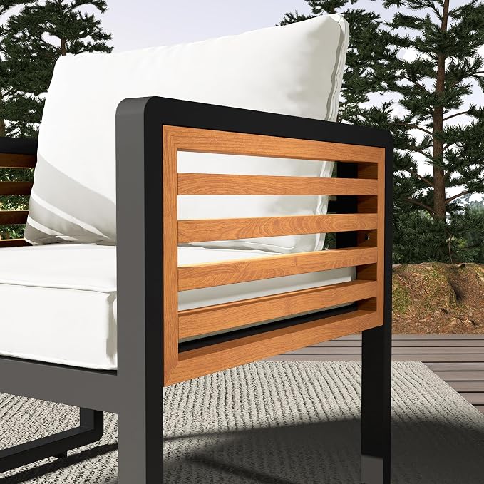 Large 4-Piece Outdoor Patio Sofa Set for 5 People, Metal & Acacia Wood Frame, Removable Cushions, Thick Comfortable Seats, Conversation Furniture with Table, Modular Garden and Backyard Set, Beige
