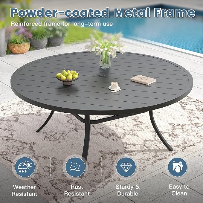 DIFY 11 Piece Outdoor Patio Dining Set for 10, Patio Table and Chairs Set with Umbrella Hole, 63" Round Dining Table and Stackable Metal Chairs for Backyard Garden Poolside, Black