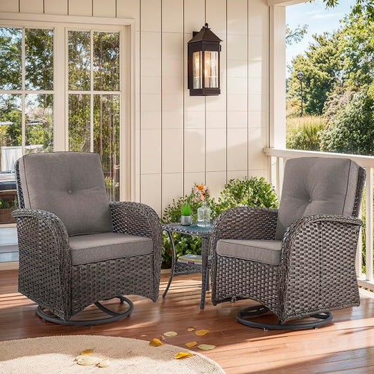 Outdoor Swivel Glider Rocker Chairs - 3 Piece Patio Furniture Set, Patio Bistro Sets with Tempered Glass Side Table, for Balcony, Porch - Brown Wicker, Grey Cushion