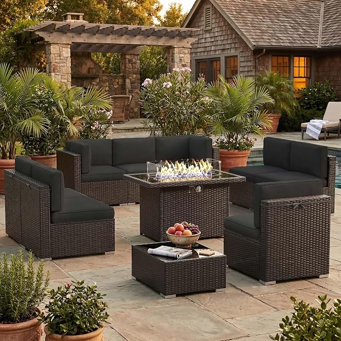 10 Pieces Patio Furniture Set with 44" Propane Gas Fire Pit Table, Outdoor Sectional Brown Rattan Wicker Conversation Sofa Sets with Coffee Table