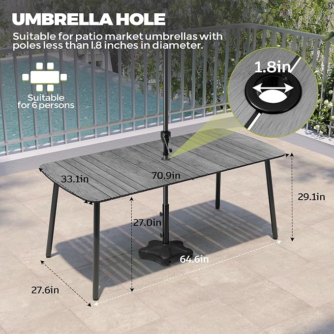 Crestlive Products Outdoor Dining Table for 6, 70" Aluminum Patio Table with Umbrella Hole Weather Resistant Rectangle Outside Tables for Patio Garden Lawn, Grey
