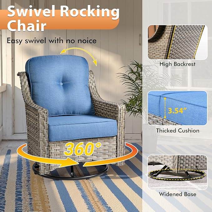 6 PCS Outdoor Patio Furniture Sets,Patio Conversation Sets Outside Rattan Soft Cushion Sofa with 2 Wicker Rocking Chairs & 54 in Fire Pit Table Fit Backyard Porch Garden Poolside Balcony,Diamond Blue