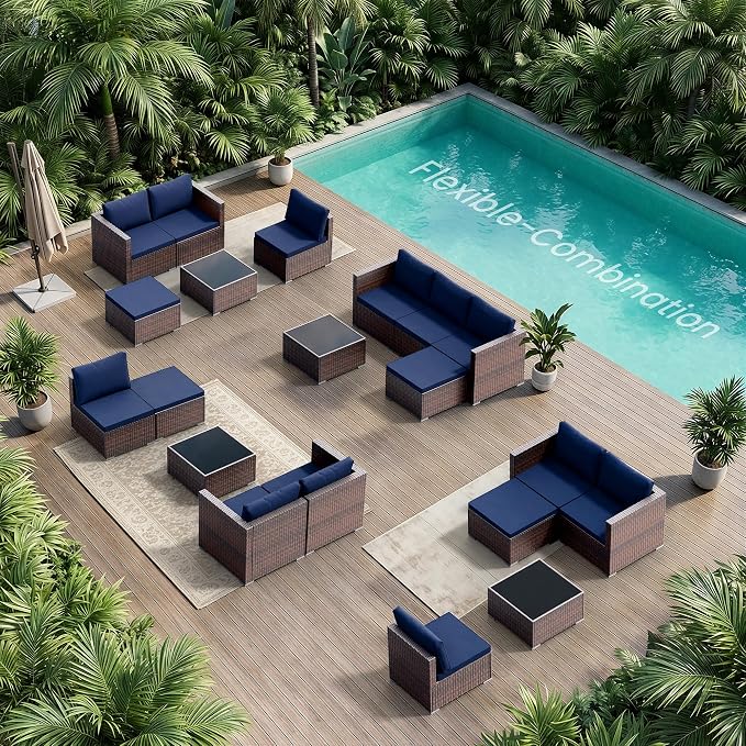 Patio Furniture Set - All-Weather -5 Piece Outdoor Patio Conversation Couch Sets, Modular Wicker Rattan Sectional Sofa for Garden, Patio, Poolside, Backyard, Balcony, Porch,Navy Blue