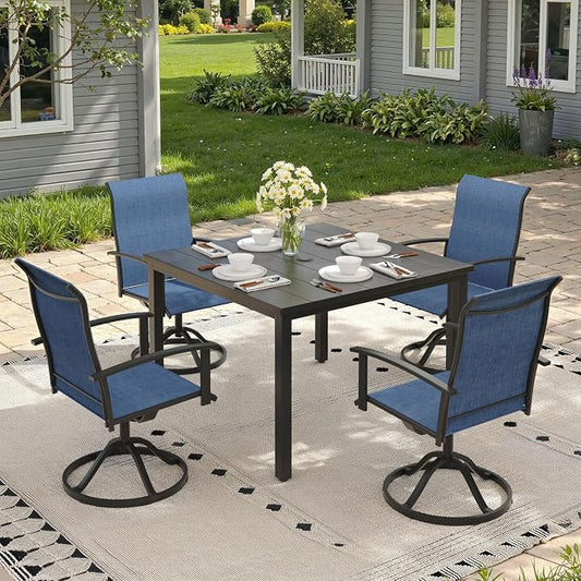 5 Pieces Patio Dining Set, Outdoor Furniture of 40.2" Square Patio Table and Patio Swivel Chairs for Backyard Lawn Garden, Black Table and Dark Blue Chairs