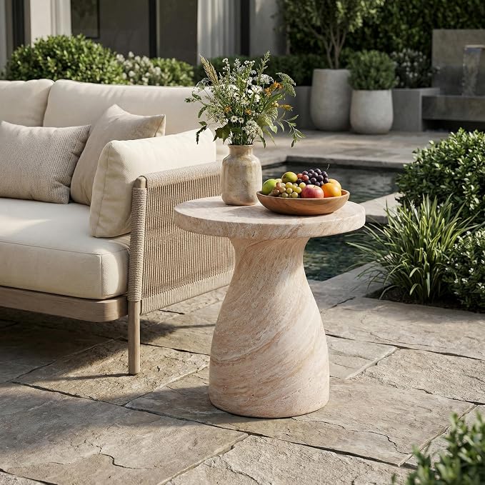 Outdoor Side Table Faux Marble Side Table with Slate Top End Tables Small Coffee Tables for Patio, Garden Stool Plant Stand for Porch, Backyard,Weather Resistant, MgO,Beige Travertine