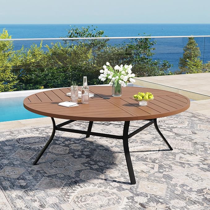 DIFY Patio Table and Chairs Set for 8, 9 Piece Outdoor Dining Set, 63" Walnut Round Metal Dining Table with Umbrella Hole and 8 Brown Textilene Swivel Patio Chairs, for Garden Backyard Deck