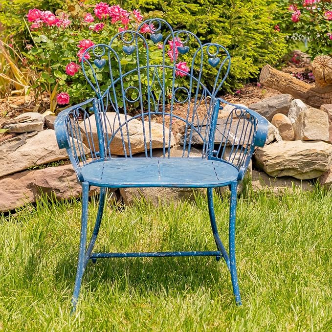 Zaer Ltd. Vintage Style Metal Patio Furniture with Heart Design Accents, Outdoor/Indoor Decor (Vintage Blue, Arm Chair)