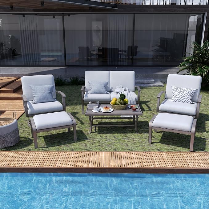HAPPATIO 6 Piece Aluminum Patio Furniture Set, Outdoor Swivel Armchairs with Ottomans and Loveseat, All-Weather Outdoor Sectional Sofa with Comfortable Cushions and Coffee Table(Gray)