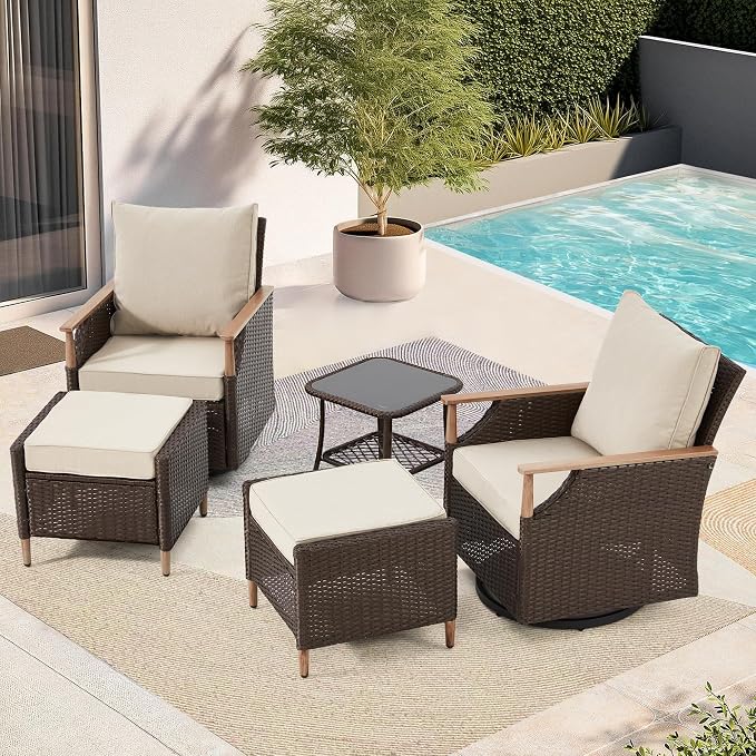 MELLCOM Patio Swivel Glider Rocker Chairs Set Wicker 5 Piece Patio Furniture Set Rocking Bistro Set with Tempered Glass Side Table and 2 Ottoman, for Backyard Garden Patio Porch (Beige, 5pcs)