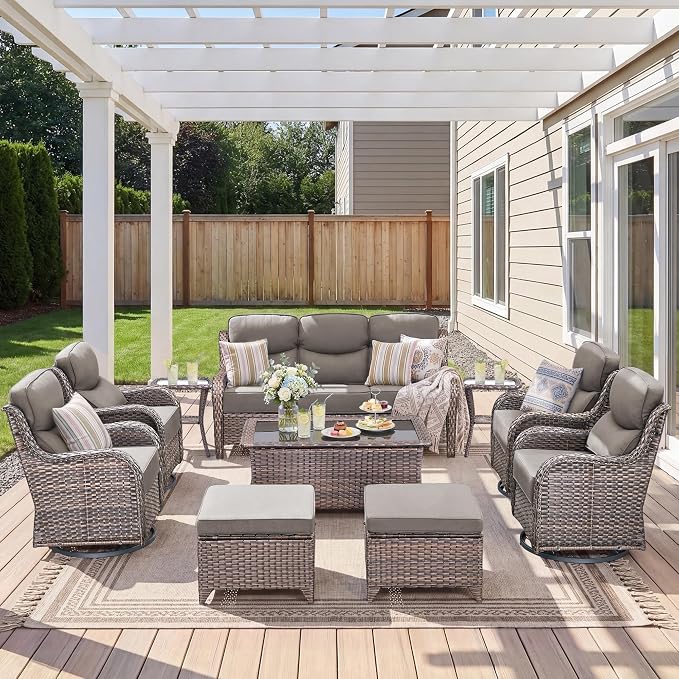 Luxury 10 Pieces Patio Furniture Set, Wicker Swivel Rocker Patio Chairs with 6" Thick Cushion, Outdoor Wicker Sofa with Coffee Table, All Weather Outdoor Conversation for Garden Porch(Brown/Grey)